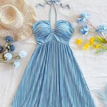 Easter Outfit Women Boho Women's Clothing Milkmaid Dress Women Easter Graduation Dress Summer Outfits For Women Summer Easter Dress Women Vacation Outfits Women Women's Solid Color Pleated Fashion Halter Mini Dress, Summer Dresses For Women - Beis - Ver 5