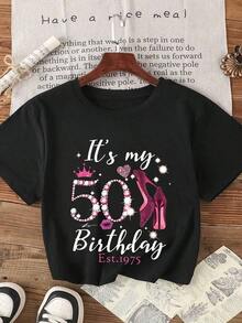 Nueva Camiseta Casual de Verano para Mujer con Estampado de Diamantes "I'm 50 EST 1975 50th Birthday" - Estilo Vintage Urbano Unisex, de Algodón, Manga Corta, Cuello Redondo y Corte Holgado - Negro - Ver 6