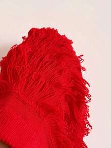 Conjunto de 2 piezas de top corto de punto con escote halter y bordado de cerezas, y shorts de punto con flecos para vacaciones de mujer - Rojo y blanco - Ver 6