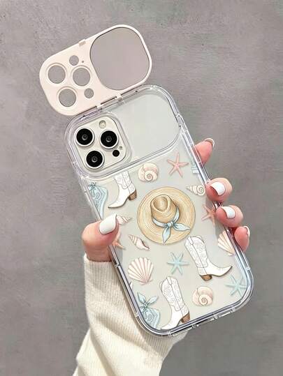 1pc Beige TPU Vacation Shoes, Starfish, Shell Painted Flip Cover Mirror, Minimalist Phone Case With Mirror Stand, Shock-Proof Protective Cover Compatible With IPhone 17pro/17Air /17/17promax 16/11/16pro/16plus/16promax/16e/15Promax/13/14/12/XS/XR/7G/8PXR /7/8, Painted Soft Case For IPhone 15Promax, 13, 14, 11, Painted TPU Shock-Proof Soft Case For X12/14