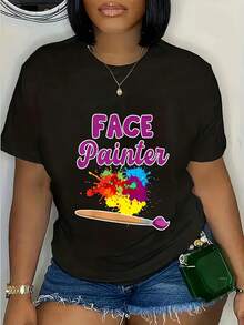 Camiseta gráfica para mujer Face Painter - Cuello redondo casual, manga corta, diseño colorido de pinceles y paleta, adecuada para primavera y verano, camiseta casual de verano. | Camiseta estampada llamativa | Tela elástica - Camiseta unisex de manga corta y cuello redondo de algodón suelto, estilo vintage urbano - Negro - Ver 2