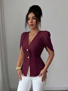 Blazer elegante y romántico para mujer con cuello en V, plisado y cintura ceñida - Burdeos - Ver 4