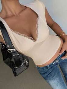 Camiseta sin mangas de ajuste ceñido con cuello en forma de corazón y parches de encaje de unicolor para mujer - Albaricoque - Ver 3