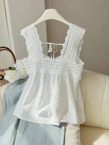 Blusa sin mangas de verano para mujer, de unicolor con parches de encaje - Blanco - Ver 2