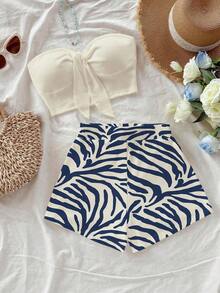 Conjunto de 2 piezas de estilo casual de vacaciones con shorts de estampado de cebra en color albaricoque y verde, y top bandeau negro, adecuado para vacaciones de verano - Multicolor 3 - Ver 7