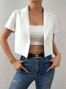 Blazer de mujer de unicolor con un solo botón y manga corta, para uso casual en verano - Blanco - Ver 3