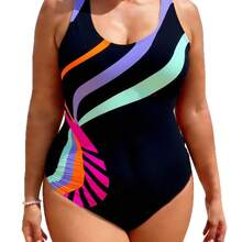 Traje de baño de una pieza de talla grande para mujer, estampado, para mujeres con curvas, que realza la figura, estilo deportivo. - Degradado azul - Ver 6