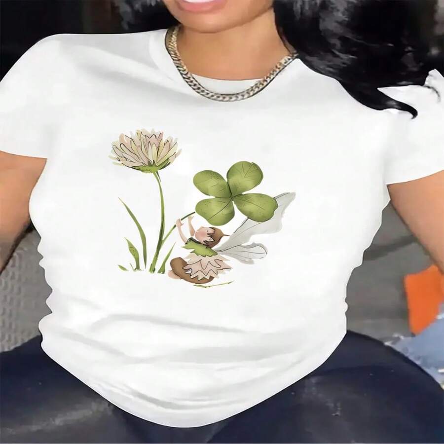 Women's Sexy Casual Cotton Round Neck Short Sleeve T-Shirt with Regular Hem and High Stretch Fabric - Blanco - Ver 1
