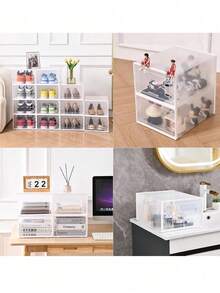 12 Pack Large Shoe Organizer Storage Rack Clear Plastic Stackable Shoe Boxes For Closet, Space Saving Foldable Shoe Storage Case, Sneaker Storage Shoe Box Container - Large White - View 10