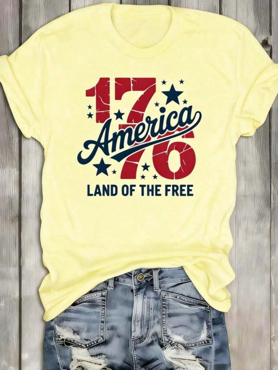 1 "American Freedom 1776" T-Shirt, White Crew Neck T-Shirt, Women's "America 1776" T-Shirt - Vintage Distressed T-Shirt With 1776 Graphic And Stars, Crew Neck, Casual Style For The 4th Of July - 黃色 - 查看 1