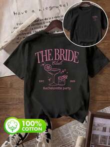 Women's 100% Cotton T-Shirts With Bride Club Print, Round Neck, Short Sleeve, Summer Casual, White - 黑色 - 查看 4