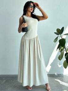 Vestido largo de mujer sin mangas, de color liso y cuello redondo, nuevo estilo veraniego, corte ajustado y favorecedora falda larga con diseño de retazos. - amarillo ganso - Ver 4