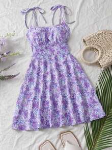 Vestido corto en minifalda con estampado floral y plisado en el busto para ropa de Año Nuevo para mujer - Morado - Ver 5
