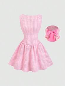Vestido casual de mujer con cuello de barco, sin mangas, con estampado de cuadros, espalda descubierta, contraste de color, lazo en la cintura y silueta evasé, para primavera/verano - Rosa - Ver 2