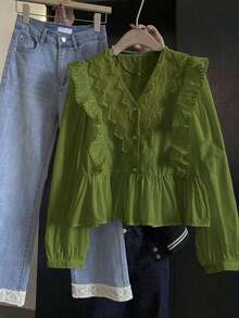 ii Blusa de manga larga con volantes, parches de encaje y unicolor casual blanca para primavera - Verde militar - Ver 8