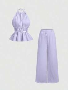 Conjunto de 2 piezas estilo francés relajado con camiseta sin mangas de cintura ceñida y pantalón ancho de pierna holgada, un conjunto de moda para mujeres - Morado - Ver 8