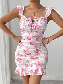 Vestido con estampado floral, volantes y bajo sexy para mujer - Rosa - Ver 3