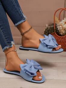 Women's Flat Heel Slippers, New Summer Bowknot Casual Slides, Versatile Strap Sandals - Baby Blue - View 5