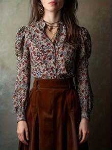 Blusa elegante y vintage con estampado floral diminuto, botones delanteros y mangas abultadas, ideal para vacaciones de primavera - Multicolor - Ver 3