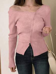 Blusa casual de mujer de punto acanalado con botones y manga corta - Rosa 3 - Ver 5