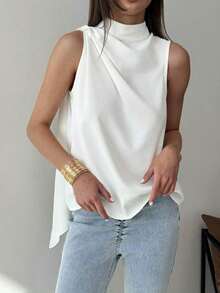 Sleeveless Knit Blouse With Ruching And A Minimalist, Simple H-Shaped Hem For Everyday Wear, For Spring/Summer - 白色的 - 查看 8