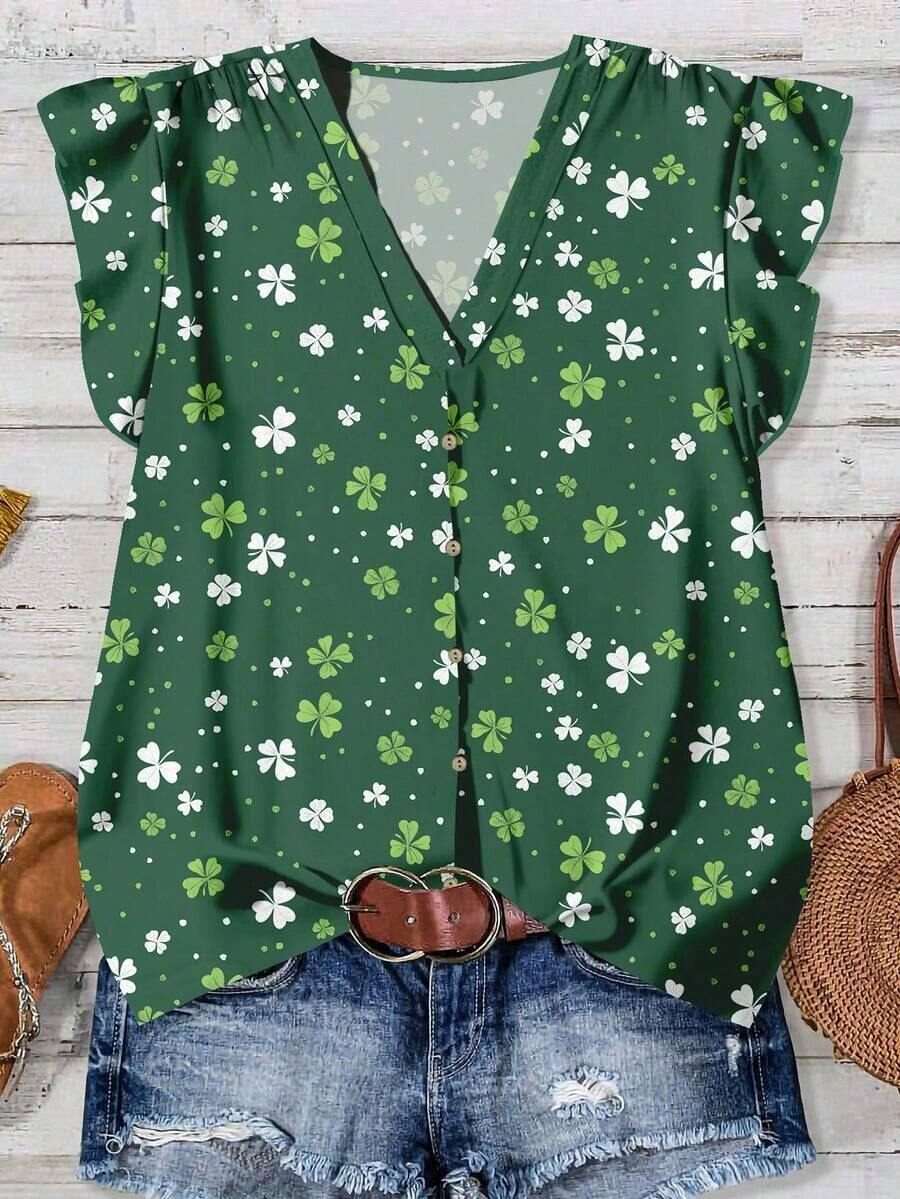 Camisa de mujer casual y minimalista con estampado botánico, adecuada para el verano - Multicolor 3 - Ver 1