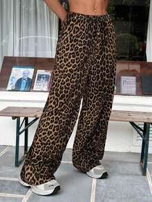 Pantalones anchos de pierna recta sueltos con estampado de leopardo casuales de primavera/verano para estilo de calle - Marrón - Ver 5