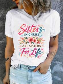 Women's Large Size Pure Cotton T-Shirt With Christian Bible Sisters And Christ Print, Short Sleeve And Round Neck, Summer Casual Style, Machine Washable Floral Design, Sister T-Shirt, Large Size Summer Clothing For Women, Large Size Summer Top, Large Size Blouses And Tops For Women. D3SA - 黑色 - 查看 8