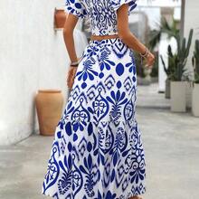 Holidaya Women's Holiday Allover Print Square Neck Blouse And Ruffle Hem Skirt Set - Azul y blanco - Ver 3