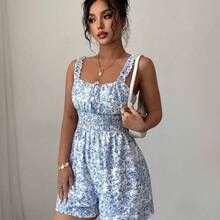 Women's Apricot Base Multi-Color Printed Frill Trim Spaghetti Strap Tie Waist Jumpsuit, Elegant & Sophisticated, Suitable For Valentine's Day, Easter, May Day, Birthday, Date, Party, Formal Occasions, Teacher's Outfit, High-Vibe, Spring/Summer - Rosa - Ver 5