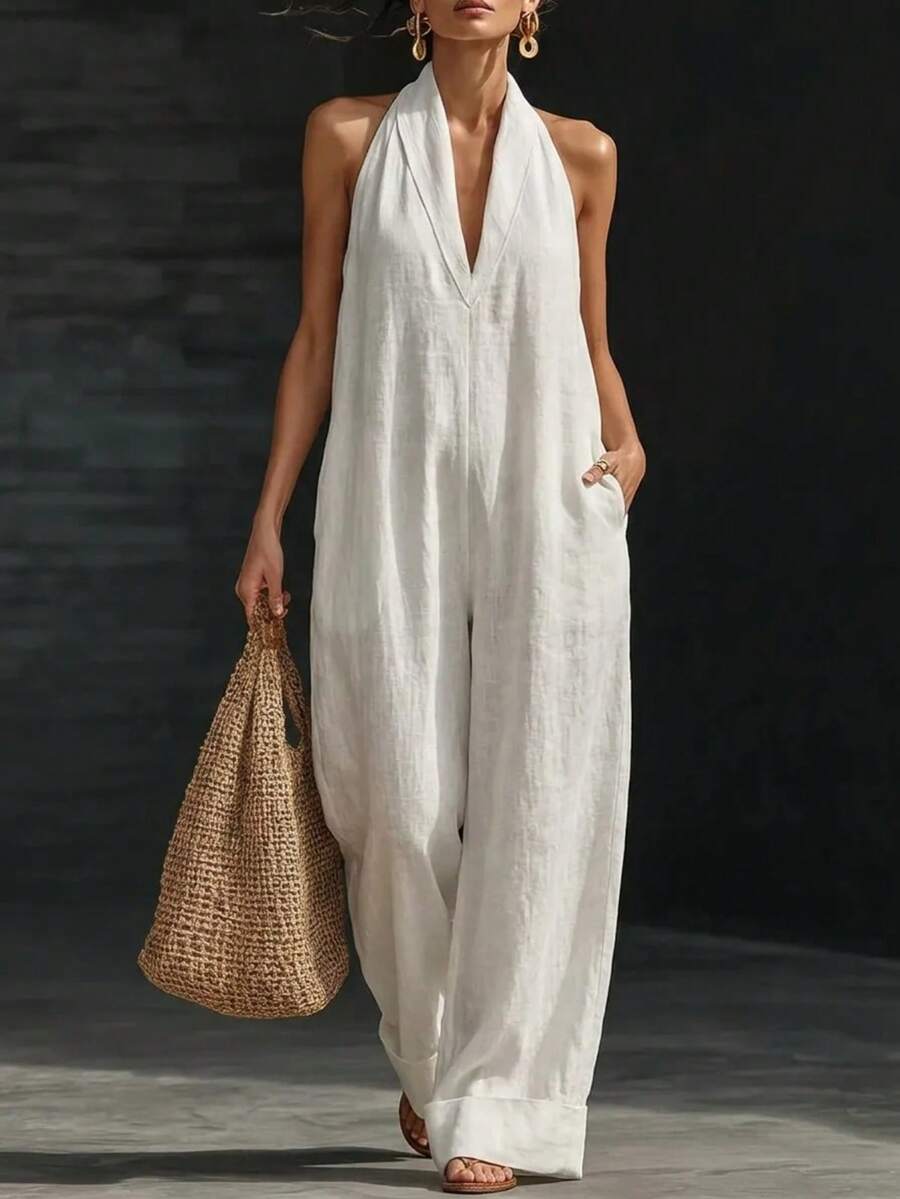 2026 New Minimalist, Elegant, And Comfortable Linen Jumpsuit Low Neck V-Neck Sleeveless Wide Leg Pants With Tassel Pockets 1 Piece Travel Casual Set - 白色 - 查看 1