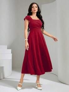 Vestido elegante de manga raglán y cuello cuadrado con detalle cruzado en el busto, de unicolor para mujeres - Rojo - Ver 5