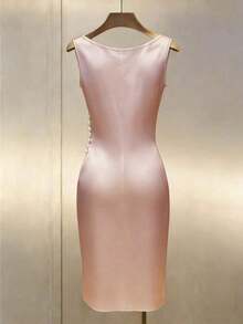 Vestido ajustado sin mangas con cuello drapeado de satén color dorado champán - Rosa - Ver 2