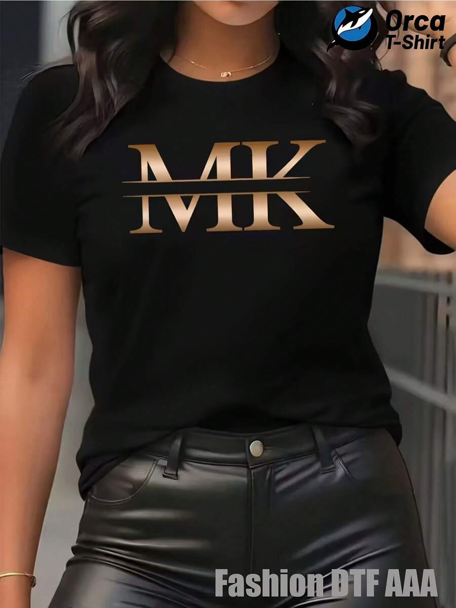 Women's T-Shirt With Gold Letter Art Print - Elegant And Stylish - Round Neck, Short Sleeve, Casual Sporty Style, Sizes S-XXL, Multiple Colors Available, New T-Shirt For Women. - 黑色 - 查看 1