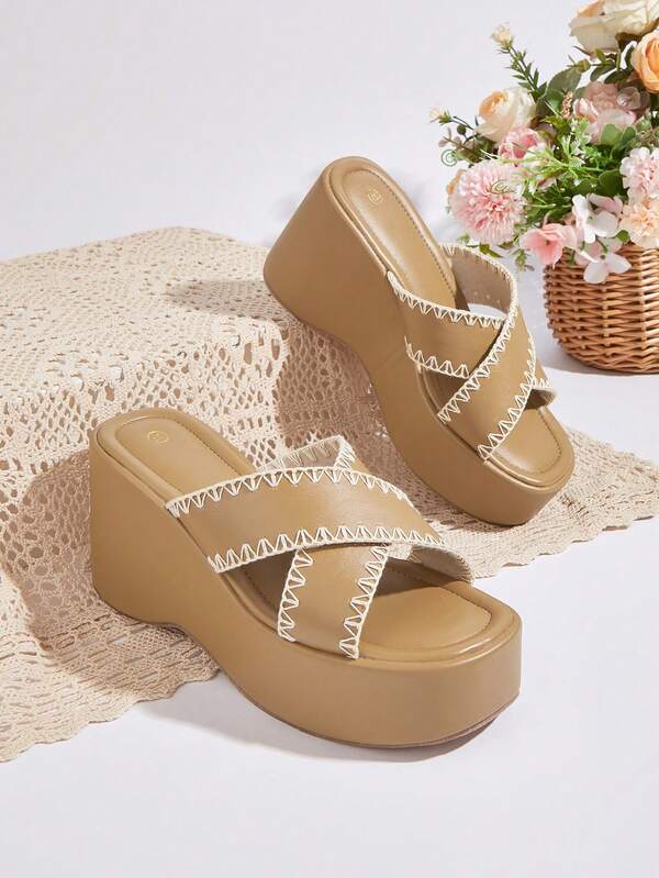 Soft Apricot Super Fiber PU Criss-Cross Wide Strap Contrast Stitching Edged Thick Bottom Wedge Heel Bohemian Style Comfortable Platform Sandals, Durable Outsole, Casual Versatile New Design, Retro Minimalist Elegant Luxurious, Easy Slip-On, Suitable For Home Or Outdoor Wear, All Season Wedge Shoes