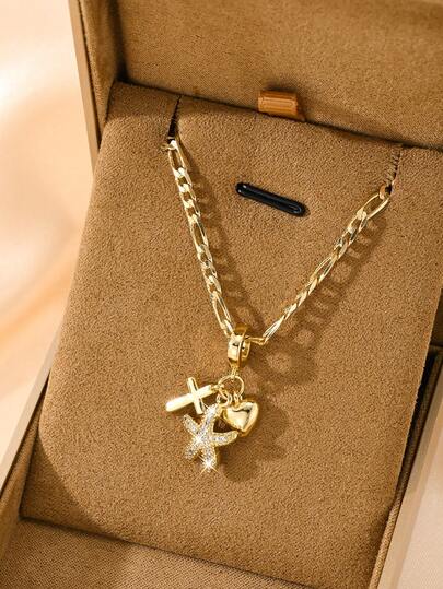 1pc Classic European & American Style Copper Inlaid Zirconia Small Vintage Gold Cross, Starfish, Heart Pendant Necklace, Limited Edition. Suitable For Christmas/Thanksgiving/Halloween/Mother's Day/Valentine's Day Gifts, Catholic First Communion, Daily & Festival Wear, Prayer