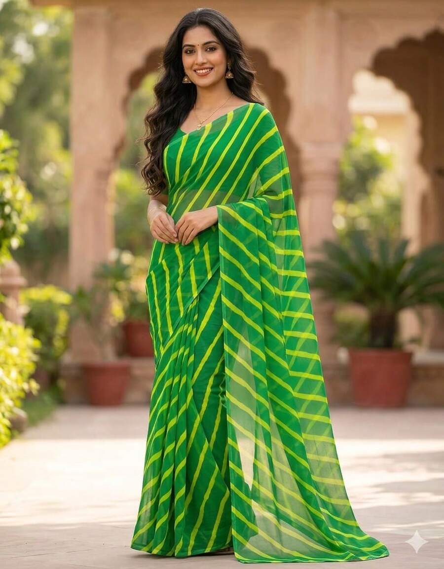 Estationeryhouse Chiffon Printed Saree With Single Stripe, Blosue Not Included - 綠/青檸綠 - 查看 1