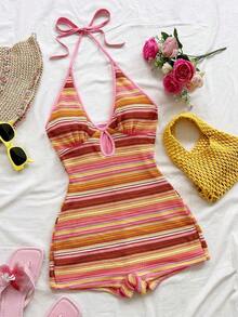 Nuevo mono mini con tirantes de punto multicolor a rayas, sin espalda, adecuado para otoño/invierno, Halloween, Año Nuevo, carnaval, fiesta, cita, té de la tarde, playa, como capa o prenda exterior - Multicolor 2 - Ver 8