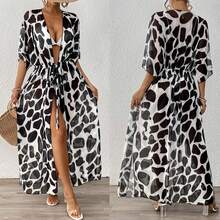 Women's Cardigan Loose Batwing Sleeve Tie-Waist Leopard Print Mesh Beach Bikini Cover-Up - Black - View 2