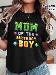 Camiseta con estampado de letras "MOM OF THE BIRTHDAY", manga corta y cuello redondo, top casual para verano y primavera, ropa de mujer - Negro - Ver 2