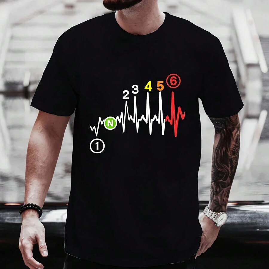 Casual T-Shirt, Short-Sleeved T-Shirt 1N23456, Motorcycle Gear Shift Heartbeat Print T-Shirts, Clothing, Fashionable T-Shirt - 款式 - 查看 1