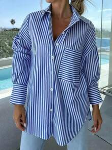 Camisa de mujer de talla grande con mangas de murciélago y rayas, de corte holgado y casual, adecuada para ir al trabajo y uso diario en primavera/verano - Azul - Ver 5