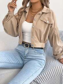 Casual Personalized Street Lantern Sleeve Corduroy Long Sleeve Short Jacket, Spring/Autumn - Caqui - Ver 6