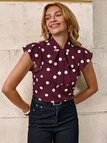 Blusa con lazo elegante para mujer, versátil para el trabajo y el uso casual, verano - Burdeos - Ver 7