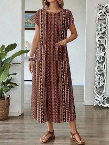 Vestido casual de mujer con estampado floral y manga corta, ideal para vacaciones de verano - Multicolor 5 - Ver 4