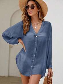 Holidaya Kimono unicolor con botón delantero - Azul - Ver 3