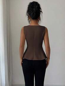Blusa elegante de cuello cuadrado sin mangas para mujer, adecuada para la oficina, el transporte, el té de la tarde, las fiestas, las vacaciones y ocasiones casuales - Marrón - Ver 2