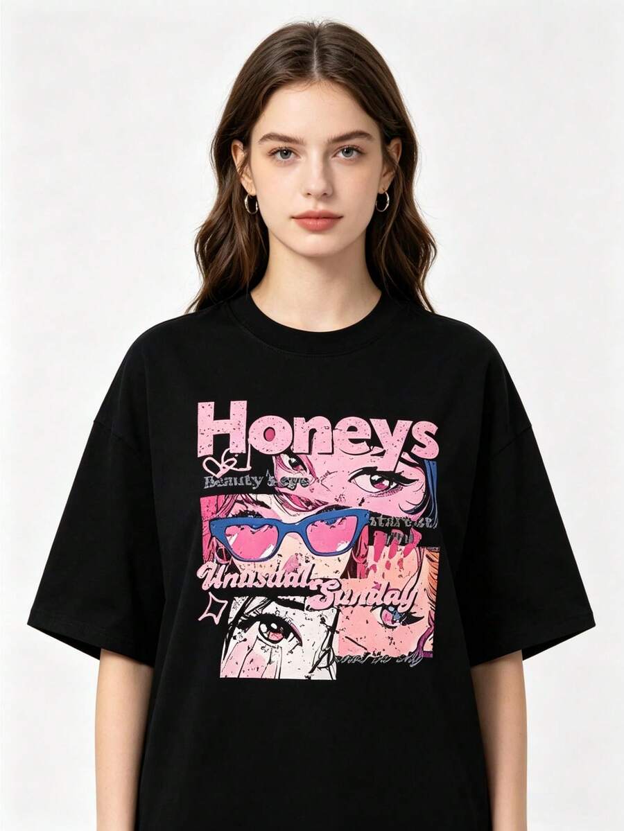 Unisex 100% Cotton T-Shirt With Double-Sided Print Of A K-Pop Girl Group, Streetwear Style, Comfortable And Adjustable, Sizes S-3XL. - 黑色 - 查看 1