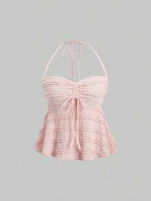 Tops halter con cordón en el busto de color sólido, estilo Y2K para mujeres - Rosa Pálido - Ver 1