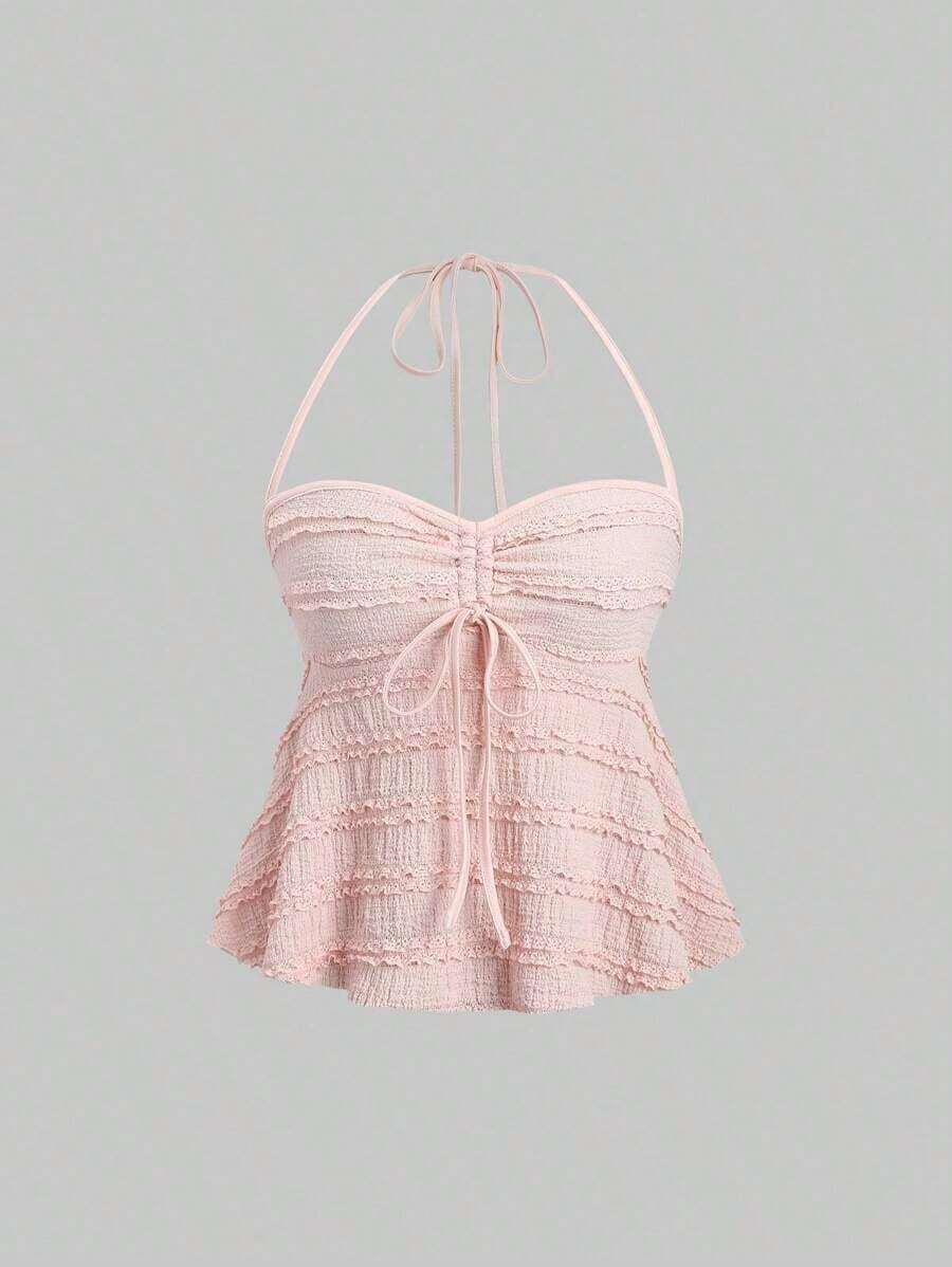 Tops halter con cordón en el busto de color sólido, estilo Y2K para mujeres - Rosa Pálido - Ver 1